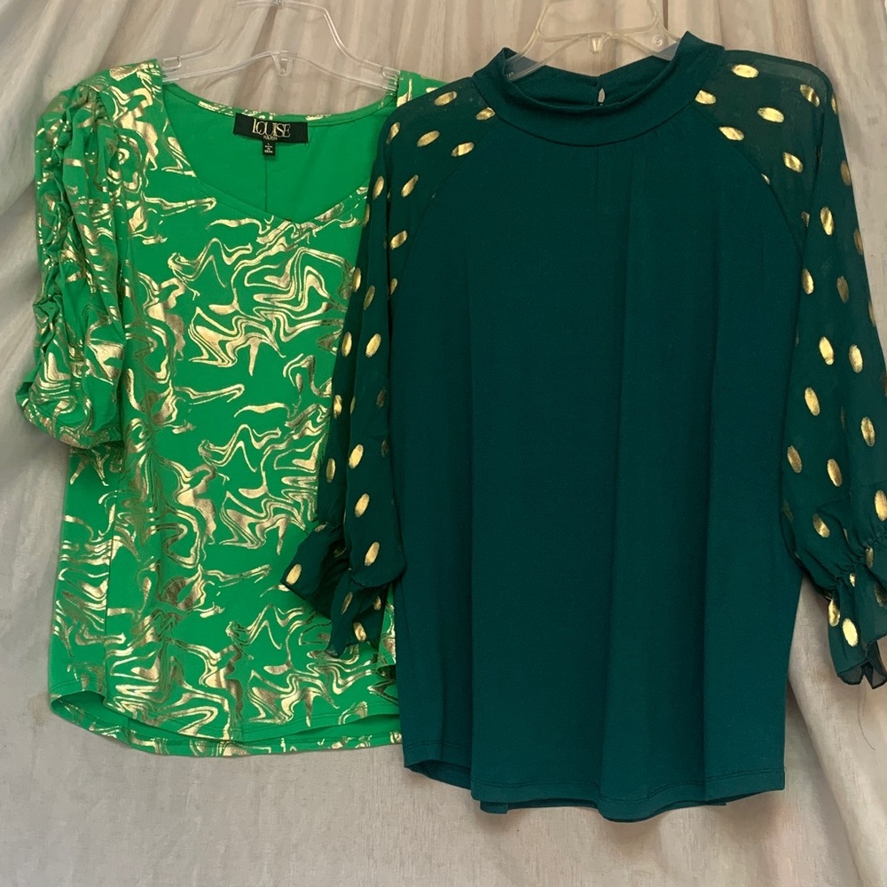 Louise Paris Green Metallic Swirl Blouse & Deep Teal Gold-Accent Top Duo